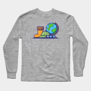 Boot Shoes with Hat, Binoculars and Globe World Cartoon Vector Icon Illustration Long Sleeve T-Shirt